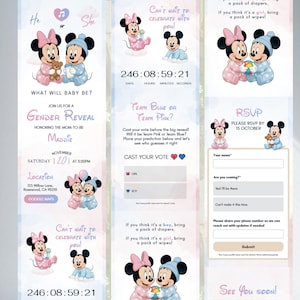 May include: A gender reveal invitation featuring Minnie and Mickey Mouse in pink and blue outfits. The invitation includes text such as "What will baby be?" and "Team Blue or Team Pink?" with RSVP details.