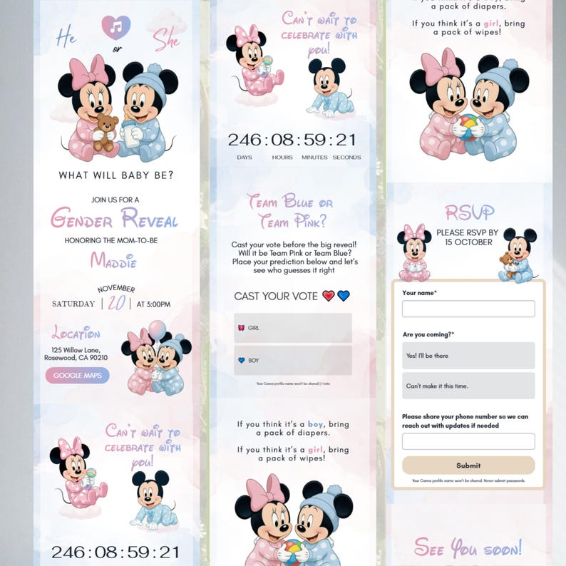 May include: A gender reveal invitation featuring Minnie and Mickey Mouse in pink and blue outfits. The invitation includes text such as "What will baby be?" and "Team Blue or Team Pink?" with RSVP details.
