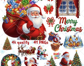 Könnte beinhalten: Eine Sammlung digitaler Grafiken zum Thema Weihnachten mit Weihnachtsmann, Weihnachtsbäumen, Geschenken, Schleifen und einer festlichen Fensterszene. Der Text "Merry Christmas" und "Happy New Year" ist ebenfalls enthalten. Das Bild ist mit "4k quality" und "41 PNGs" beschriftet.