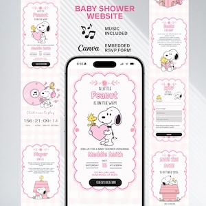 May include: A smartphone displaying a pink and white baby shower website template featuring Snoopy and Woodstock. The screen shows text including A Little Peanut Is On The Way, event details for Maddie Smith, and a button labelled Check Location.