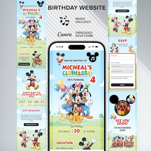Peut inclure: Une invitation d'anniversaire numérique avec Mickey Mouse et ses amis. Le design comprend le texte "MICHEAL'S CLUBHOUSE" et "He's turning 4". L'invitation comprend également un formulaire RSVP et des informations sur la liste de cadeaux.