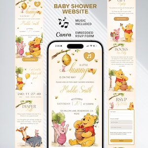 Könnte beinhalten: Ein Design für eine Babyparty-Website mit Winnie-the-Pooh-Figuren. Das Design enthält den Text "Baby Shower Website", "A Little Hunny is on the Way" und RSVP-Informationen. Das Design ist in einem weichen Aquarellstil gehalten.