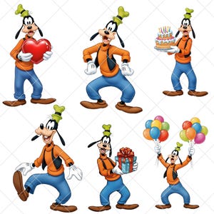 K&ouml;nnte beinhalten: Eine Sammlung von Cartoon-Bildern von Goofy in verschiedenen Posen. Goofy tr&auml;gt ein orangefarbenes Hemd, blaue Hosen, eine schwarze Weste, wei&szlig;e Handschuhe und einen gr&uuml;nen Hut. Er h&auml;lt ein rotes Herz, eine Geburtstagstorte, Luftballons und ein Geschenk.