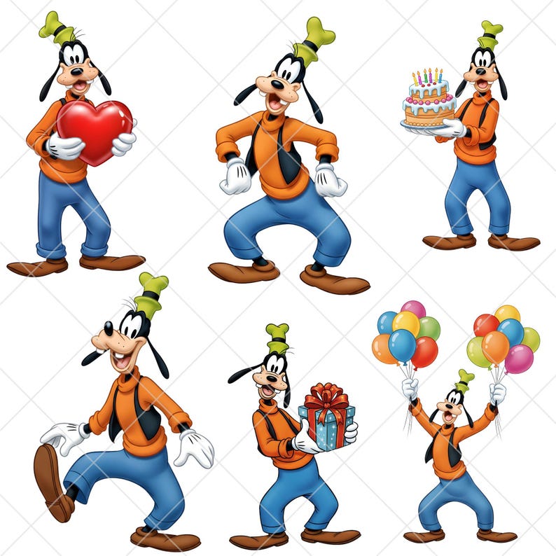 K&ouml;nnte beinhalten: Eine Sammlung von Cartoon-Bildern von Goofy in verschiedenen Posen. Goofy tr&auml;gt ein orangefarbenes Hemd, blaue Hosen, eine schwarze Weste, wei&szlig;e Handschuhe und einen gr&uuml;nen Hut. Er h&auml;lt ein rotes Herz, eine Geburtstagstorte, Luftballons und ein Geschenk.
