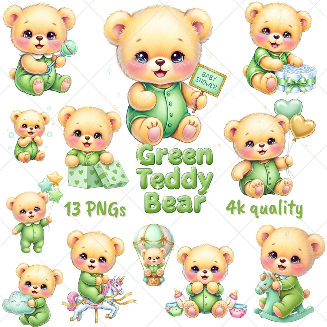 Green Teddy Bear Baby Shower PNG Clipart | Nursery Decor (digital ...