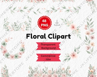 Soft Romantic Floral Borders Clipart (48 PNG) – Watercolor Worksheet & Planner Decor, Blush Sage Botanical Borders