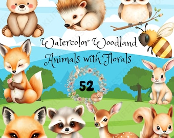 Watercolor Woodland Animals Clipart, Cute Forest Baby Animals PNG, Nursery Decor, Floral Animal Stickers, Commercial Use