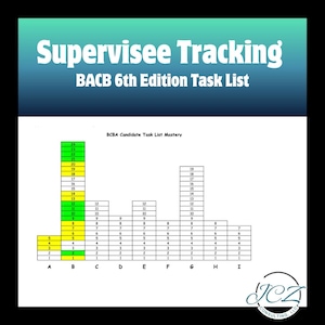 Puede incluir: Gráfico con el texto "Supervisee Tracking BACB 6th Edition Task List" en la parte superior. Debajo, una tabla titulada "BCBA Candidate Task List Mastery" con columnas y filas numeradas, probablemente para el seguimiento del progreso. Logotipo de JCZ Consulting, LLC en la esquina inferior derecha.