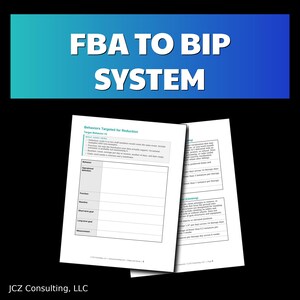 Op de afbeelding: Een document getiteld FBA TO BIP SYSTEM met een blauwe gradiënt header. De pagina's bevatten tabellen voor gedrag dat gericht is op vermindering, inclusief secties voor operationele definitie, functie, nulmeting, doelen en meting.