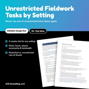 May include: A digital document titled Unrestricted Fieldwork Tasks by Setting, featuring a master list of over 55 task ideas for clinic, home, school, community, and telehealth settings. The resource is an editable Google Doc by JCZ Consulting, LLC.