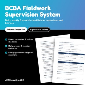 May include: A digital BCBA Fieldwork Supervision System template for Google Docs. The document includes daily, weekly, and monthly checklists for supervisors and trainees, featuring sections for participant details, fieldwork hours, and clinical performance notes.