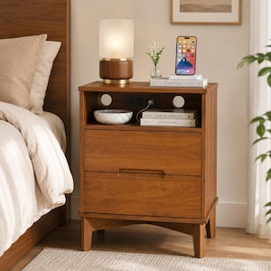 May include: A wooden nightstand with two drawers and an open top shelf featuring a built-in power outlet. The shelf holds a cylindrical lamp, a small vase with white flowers, a smartphone, and two books titled Kinfolk and Live Beautiful.