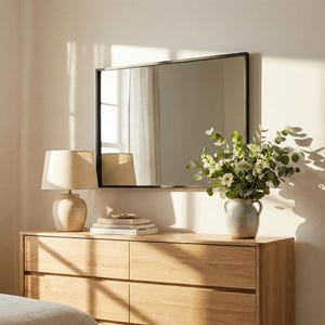 May include: A light oak dresser with six drawers, a black-framed mirror, and a beige lamp. A vase of flowers sits on top of the dresser. The room has a neutral color palette with natural light.