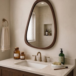 Solid Wood Irregular Asymmetrical Wall Mirror, Mid Century Modern Accent Mirror, Dark Walnut