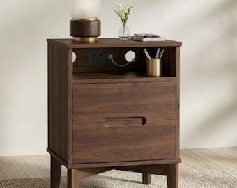 26" Tall Bedside Table with USB-C & Solid Wood Legs, Walnut 2-Drawer