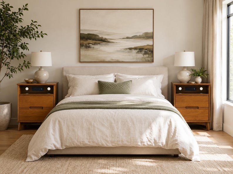 May include: A bedroom set featuring a beige upholstered bed frame with white bedding, a green throw blanket, and a green lumbar pillow. Two wooden nightstands with built-in speakers and white lamps flank the bed, with a landscape painting above.