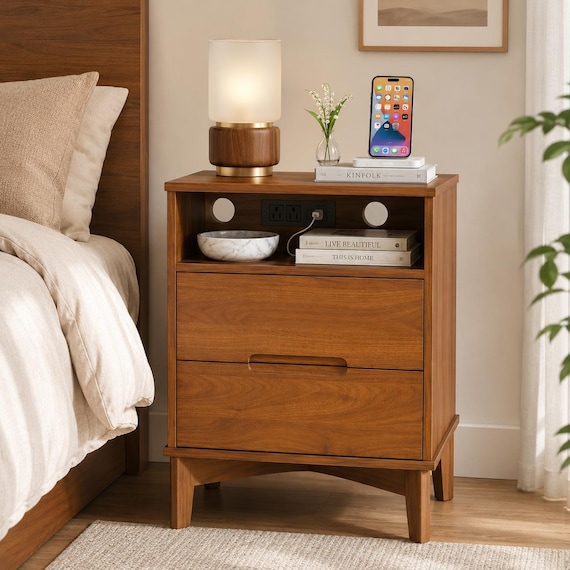 26" Tall Bedside Table with USB-C & Solid Wood Legs, Caramel Walnut 2 Drawer