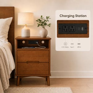 May include: A wooden nightstand with two drawers, an open storage shelf, and an integrated charging station featuring two AC outlets, one USB-C port, and one USB-A port. The unit includes a lamp and a small potted plant on its top surface.