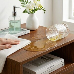 May include: A clear glass soap dispenser with a silver pump, a white vase containing white flowers, and a clear, textured glass tumbler lying on its side with a spilled amber liquid on a dark wood surface next to a white cloth.