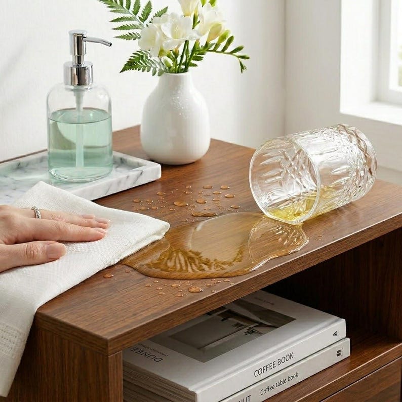 May include: A clear glass soap dispenser with a silver pump, a white vase containing white flowers, and a clear, textured glass tumbler lying on its side with a spilled amber liquid on a dark wood surface next to a white cloth.
