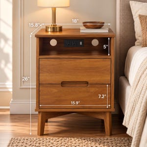 May include: A wooden nightstand with two drawers and an open top shelf featuring a built-in power outlet. Dimensions are 18 inches wide, 15.8 inches deep, and 26 inches high. The shelf is 5 inches high, and the drawer front is 7.2 inches by 15.9 inches.