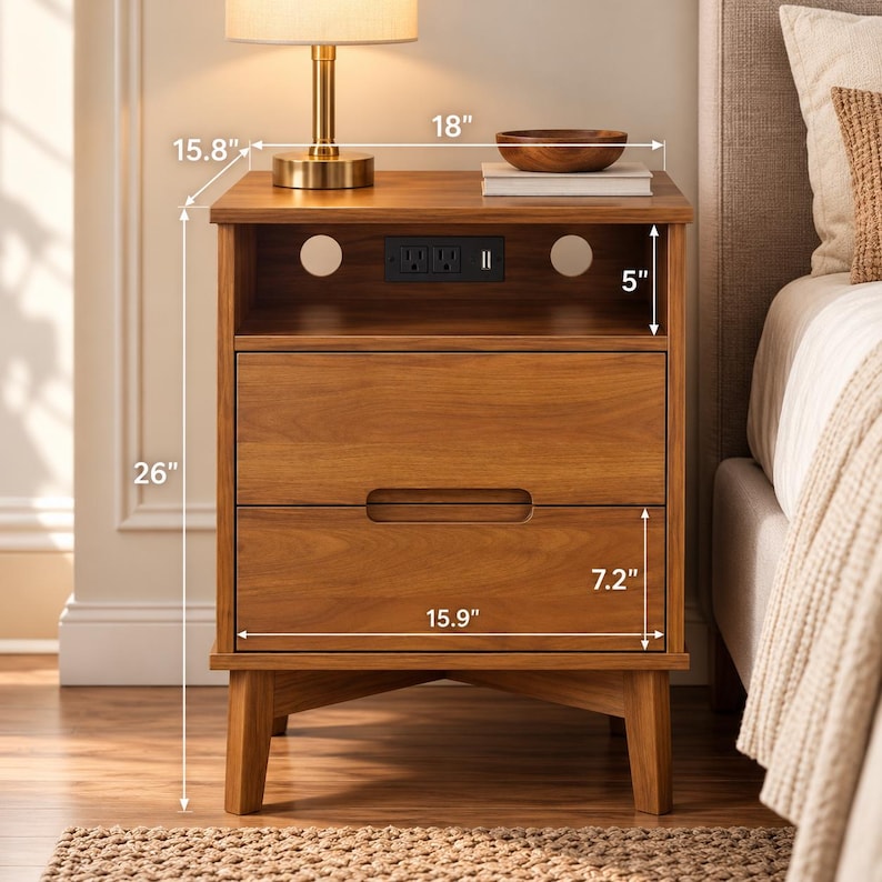 May include: A wooden nightstand with two drawers and an open top shelf featuring a built-in power outlet. Dimensions are 18 inches wide, 15.8 inches deep, and 26 inches high. The shelf is 5 inches high, and the drawer front is 7.2 inches by 15.9 inches.