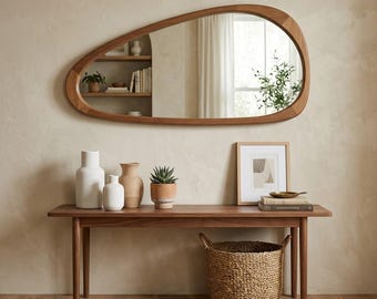 Solid Wood Asymmetrical Mirror, Honey Walnut Full Length Wall Mirror