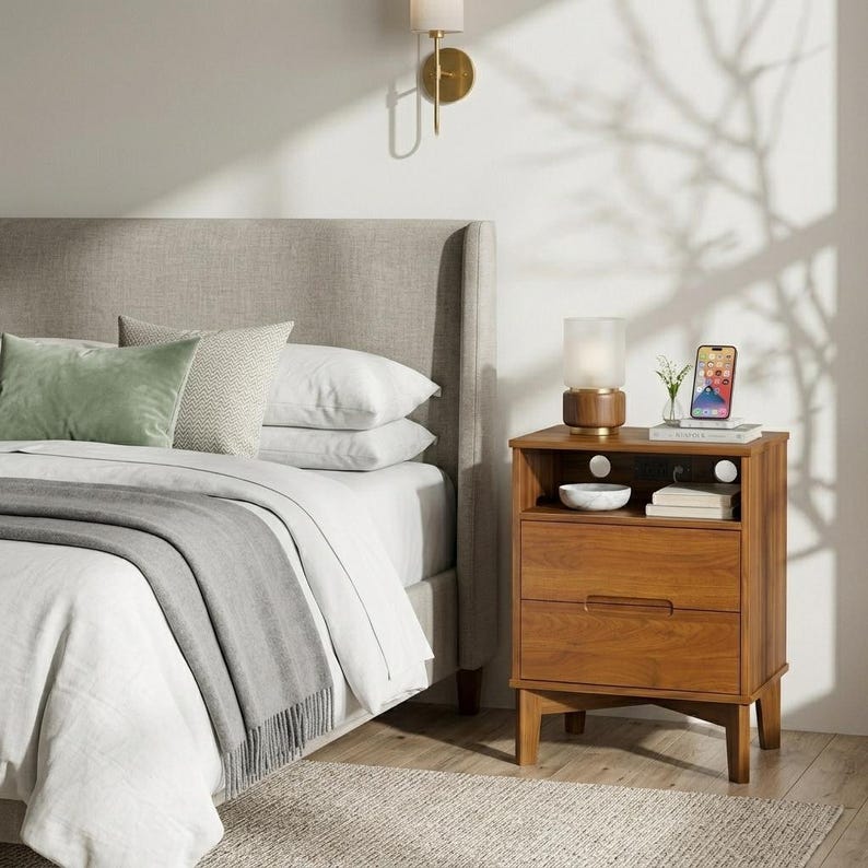 May include: A wooden nightstand with two drawers, an open top shelf, and a charging station. The nightstand holds a small lamp, a smartphone, and a white bowl. It is positioned next to a bed with a gray headboard and gray bedding.