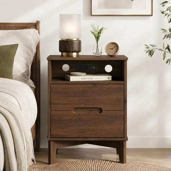 26" Tall Bedside Table with USB-C & Solid Wood Legs, Walnut 2-Drawer