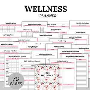 May include: A set of printable wellness planner pages with pink detailing. The pages include trackers for mood, medication, exercise, and daily routines. The cover of the 2026 wellness journal features a floral design. The planner has 70 pages.