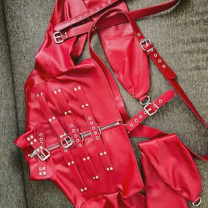 Custom Leather Straitjacket, Made to Measure Bondage Restraint, Red Leather Jacket with Straps, BDSM Gear, Adult Costume Wear