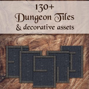 Peut inclure: L'image présente plus de 130 dalles de donjon et des éléments décoratifs. Les dalles sont gris foncé avec une texture de pierre et des bordures grises. Le fond est un motif de grain de bois.