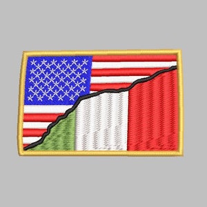 May include: A rectangular embroidered patch with the American flag on the left side and the Italian flag on the right side. The flags are separated by a black jagged line.