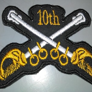 May include: A black embroidered patch with two crossed swords in white and gold. The swords have gold rings on the handles. The text "10th" is embroidered in gold on the patch.