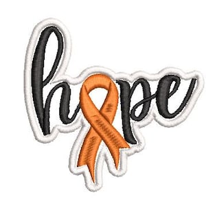 May include: An orange ribbon with the word "hope" written in black script. The ribbon and word are outlined in white.