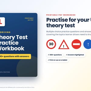 Peut inclure: Un cahier d'exercices PDF imprimable au format A4 pour le test théorique de conduite au Royaume-Uni. La couverture bleu foncé affiche un panneau L rouge, le titre "UK Driving Theory Test Practice Workbook" et "400+ questions with answers".