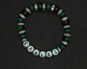 EAGLES Beaded Bracelet: Green & Black Glass, Silver Bling - Handmade