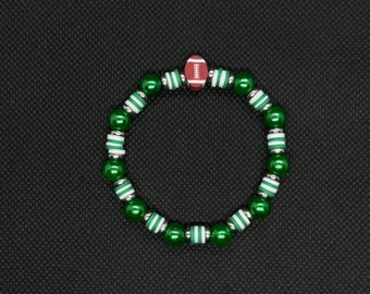 Green & White Football Beaded Stretch Bracelet: Team Pride
