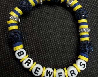 Milwaukee Brewers Beaded Bracelet | Navy Blue & Yellow Heishi Polymer Clay Letter Bracelet | Game Day Fan Jewelry | Baseball Spirit Bracelet