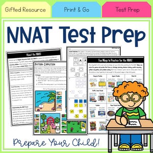 以下が含まれることがあります： NNAT Test Prepと題された複数ページの教育用ドキュメント。パターン補完や空間認識の練習問題が掲載されており、机に向かって紙に書き物をしている生徒の漫画風イラストが添えられています。