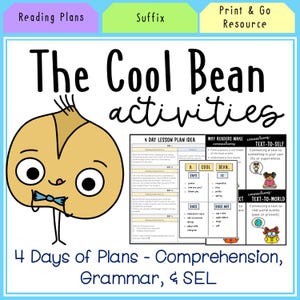 Op de afbeelding: Een digitaal educatief hulpmiddel getiteld The Cool Bean activities met een cartoonboonfiguur met een blauwe vlinderdas. Het document bevat een lesplan voor 4 dagen, een tabel getiteld A Cool Bean en secties over begrijpend lezen, grammatica en sociaal.
