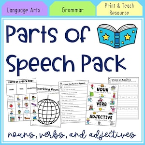 May include: A Parts of Speech Pack educational resource featuring worksheets for nouns, verbs, and adjectives. The design includes a blue book icon with yellow stars, text headers, and various activity pages with illustrations of objects and characters.