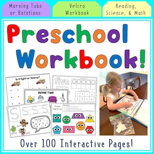 May include: A colorful preschool workbook with the title "Preschool Workbook!" in large, multi-colored letters. The workbook includes interactive pages for reading, science, and math, with over 100 pages. A young girl is shown working on a page.
