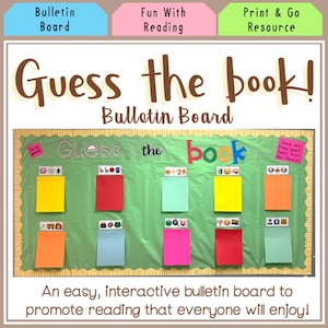 Peut inclure: Un tableau d'affichage vert intitulé Guess the book avec dix rectangles de papier colorés disposés sur deux rangées. Chaque rectangle est surmonté d'une petite bande d'emojis. Le tableau présente des bordures festonnées et du texte.