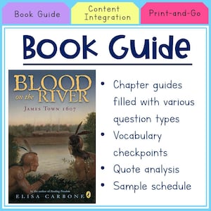 以下が含まれることがあります： Elisa Carbone著『Blood on the River: James Town 1607』のブックガイド。川を見下ろす2人の人物が描かれた表紙イラストと、章ごとのガイド、語彙チェックポイント、引用分析、サンプルスケジュールなどの内容リストが記載されています。