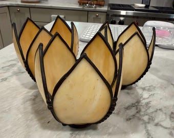 Three Tulip slag glass lamp shades