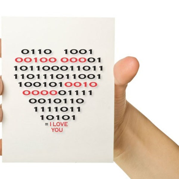 Valentines Day Card - Nerd Love Computer Card - Binary Code Heart - Red and Black 5 x 7 - Greeting Card