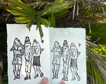 Dziwni przyjaciele ryb, wydruk linorytniczy | Papier ozdobny z nadrukiem ręcznym