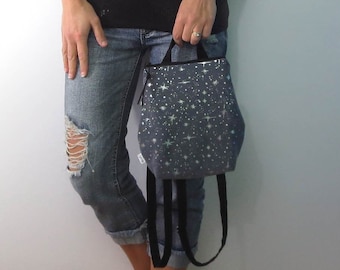 small backpack purse in black princess sparkle with zipper closure and adjustable straps. design your own choose zipper color.