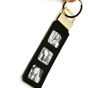 photo keychain personalized three of your images your memories. option to add name. faux leather key strap. black and white or color. image 2